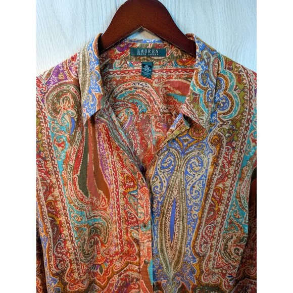Lauren Ralph Lauren Shirt Womens 2XL Paisley Button Up Multicolor Orange Long - Picture 1 of 6